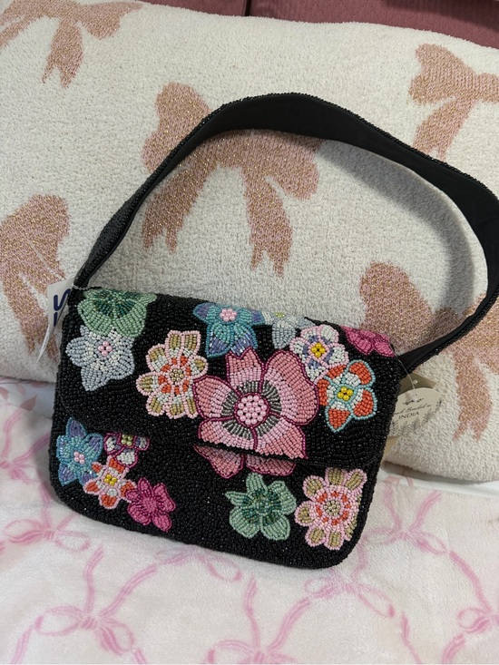 Handbags - Beaded Floral Shoulder Bag - Black with Pink & Multicolor Flowers
